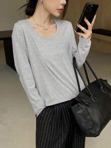 DAZY Camiseta casual de manga larga con cuello redondo de un solo color, versátil, para mujer