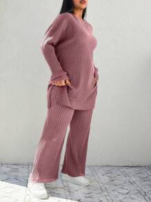 EURMUSE 2pcs Women Plus Size Casual Solid Color Round Neck Dropped Shoulder Long Sleeve Top & Pants Set, Autumn - Dusty Pink - View 5