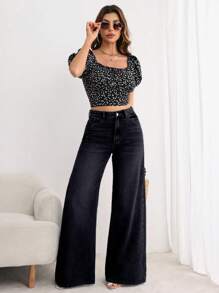SHEIN Essnce Jeans anchos casuales sencillos con bolsillos y botones frontales para mujer