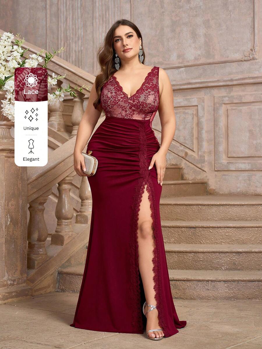SHEIN Belle 加大码勃艮第红色优雅礼服，性感蕾丝拼接，高侧开衩，适合舞会或晚会、婚礼宾客礼服、长袍 - 酒紅色 - 查看 1
