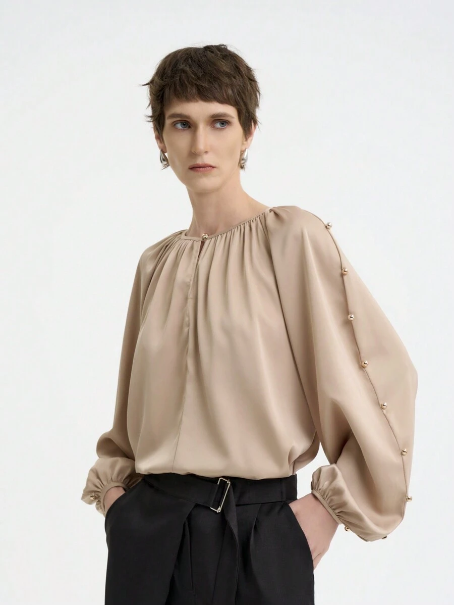 SHEIN Clasi Women's Elegant Fashion Commuting Long Sleeve Round Neck Decorative Button Plain Satin Blouse