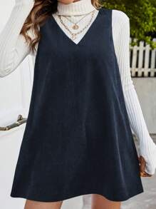 SHEIN CURVE+ French Style Solid Color V-Neck Corduroy Dress (Sweater Not Included)