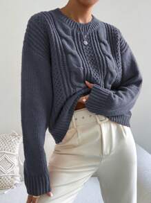 Chiquease Women Solid Color Round Neck Drop Shoulder Long Sleeve Pullover Sweater, Autumn/Winter
