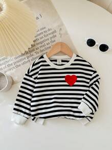 Baby Girl French Stripe & Heart Patchwork Dropped Shoulder Sweatshirt, Casual & Comfortable For Autumn/Winter Everyday Wear And School - Black and White - View 4