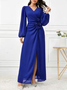 Modelyn 女士纯色 V 领裹身褶饰花卉贴花优雅长袖连衣裙长款晚礼服