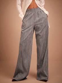 COSMINA Women Elastic Waist Pocket Striped Casual Long Pants, Simple Style For Everyday Wear - Multicolor - View 1