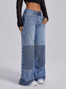 SHEIN ICON Women's Low-Waisted Embroidered Vintage Straight Leg Jeans Low Rise Straight Leg Jeans - Medium Wash - View 5