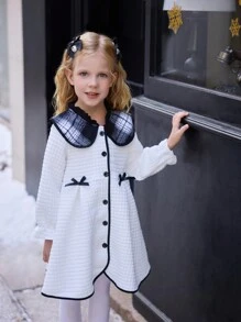 Girls White Long Sleeve Bow Decor Cute & Comfortable Dress, Suitable For Party And Casual Wear, Autumn/Winter - White - View 1