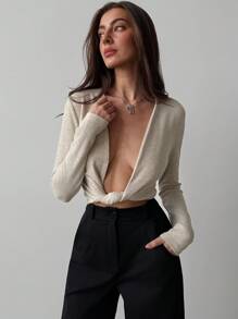 Aloruh Élégant Top pull abricot avec décolleté plongeant sexy et décoration torsadée, t-shirt manches longues polyvalent