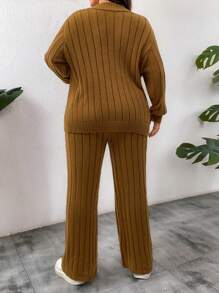 Calvaya Conjunto de top minimalista de manga larga con botones y bolsillo y pantalones en unicolor para tallas grandes