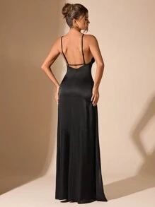 SHEIN BAE Solid Black Sexy Minimalist Elegant Halter Neck Backless Maxi Dress, Suitable For Graduation Party, Formal Occasion, Cocktail Party, Romantic Date, Autumn/Winter Underlay Dress, Party, Nightclub, Wedding Bridesmaid Dress, Sexy Hollow Out, Cut Out