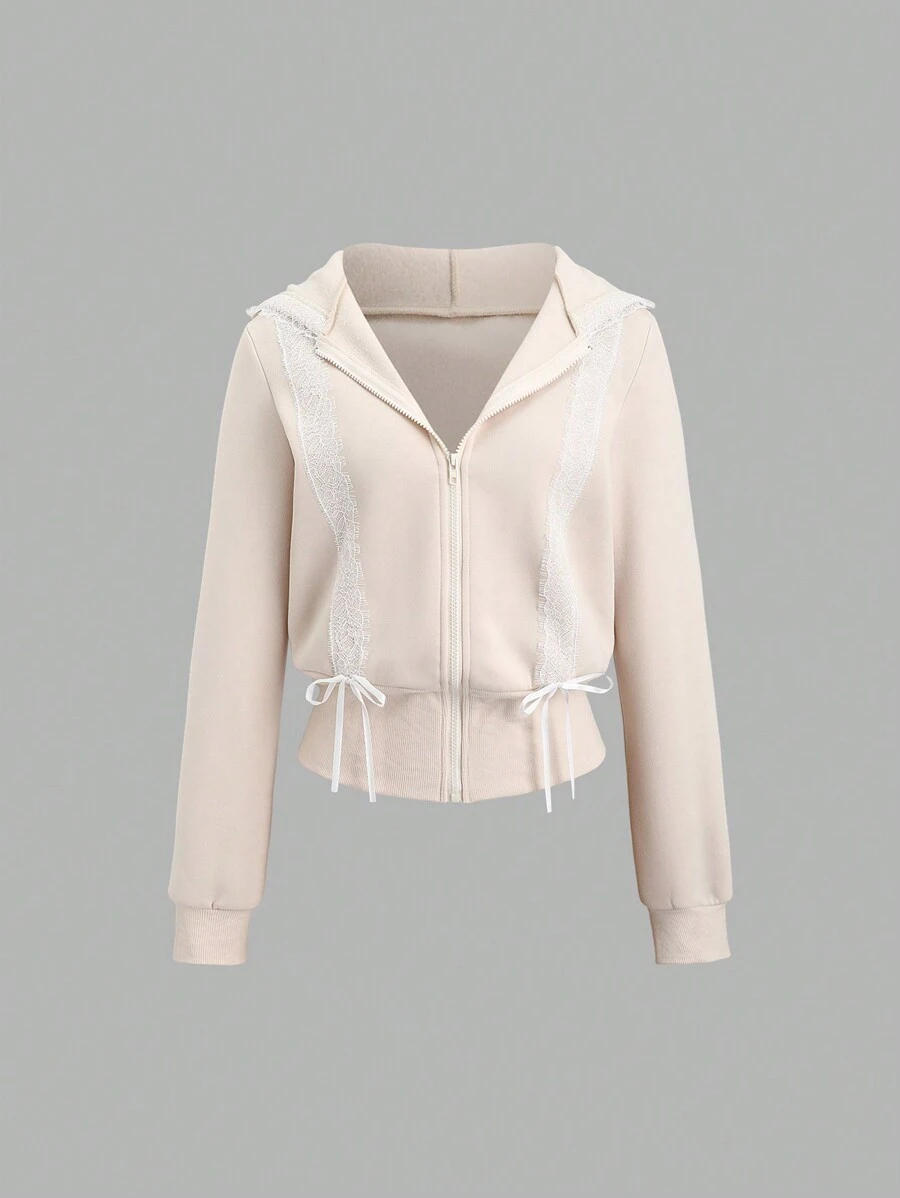 SHEIN Unity Women's Lace Patchwork Bow Hooded Casual Sweatshirt - Apricot - View 1