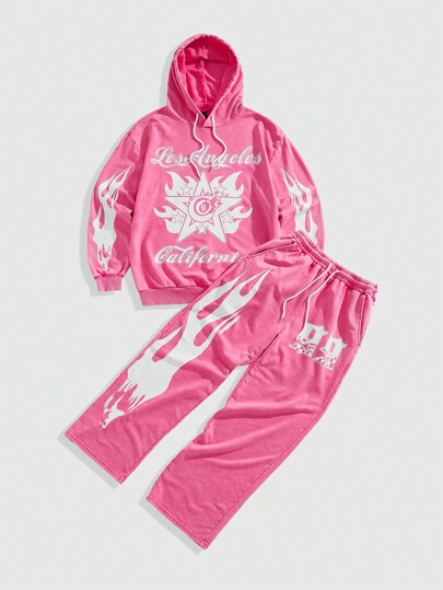 Street Life Men's Hooded Sweatshirt And Drawstring Pants Tracksuit, Simple Casual Daily Wear