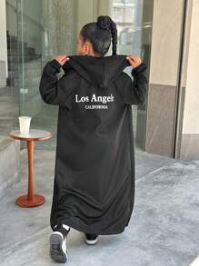 Tween Girls' Cool & Long Black Full-Length Hoodie Loose Windbreaker Jacket