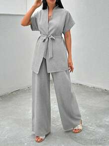 EURMUSE Holiday Casual Solid Color Batwing Top & Pants Set - Grey - View 6