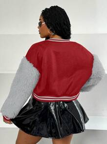 Maweii Plus Size Women Contrast Color Striped Letter Print Long Sleeve Single Breasted Casual Baseball Jacket, Autumn For New Year Clothes - Red - View 2