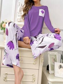 Printed Pocket Long Sleeve Top And Printed Pants Pajama Set, Fall Winter Clothes - Purple - View 5