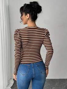 SHEIN Privé 女士条纹泡泡袖修身长袖 T 恤上衣 - 棕色 - 查看 2
