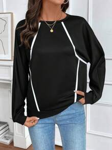 Calvaya Sudadera con cuello redondo de manga larga con empalmes geométricos en blanco y negro, para otoño/invierno
