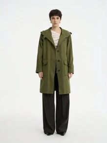 SHEIN LUNE Women's Casual Cotton Hooded Zip-Up Long Sleeve Loose Warm Thick Jacket, Suitable For Outdoors, Home, Office, Fashion & Elegant, Green, Autumn/Winter - Dark Green - View 1