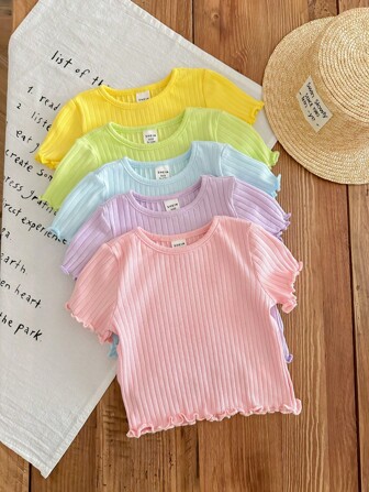 SHEIN LMoss Kids 5 Teiliges Set: Süße Baby Mädchen Tops mit geripptem welligem Saum, Kurzarm, 1 kaufen - 4 gratis