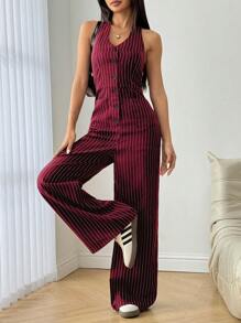 Flirla 女士前扣无袖休闲条纹连体裤，新年日常穿着 - 紅色 - 查看 4