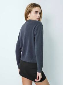 SHEIN Unity 1pc Women Gray Crew Neck USA Flag Knitted Casual Long Sleeve Sweater, Autumn/Winter Fall - Dark Grey - View 2