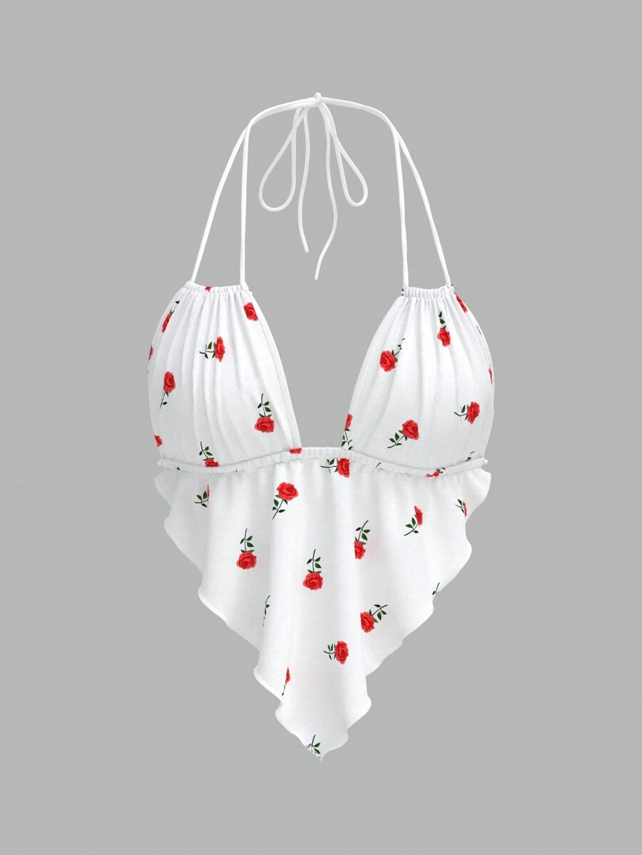 SHEIN ICON ICON Y2K 服饰女式性感花朵印花系带无袖休闲上衣，日常穿着，节日冬季新年情人节 - 彩色 - 查看 1