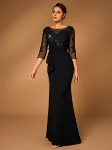 Serin Elegancka, luksusowa, prześwitująca, długa, z cekinami, haftowana, koronkowa, patchworkowa, elastyczna, marszczona, kokardkowa sukienka z wzorem rybiego ogona, odpowiednia na wesele, pojedyncze przyjęcie, wakacje, bal, wieczorną galę, sukienkę dla matki panny młodej (wersja ciężka)