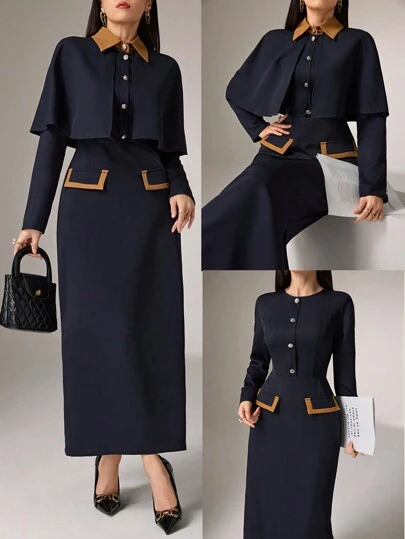 Heiryn Women Elegant Color Blocking Cape Shirt With Extended Hem Skirt 2pcs Set 2 Pieces Set