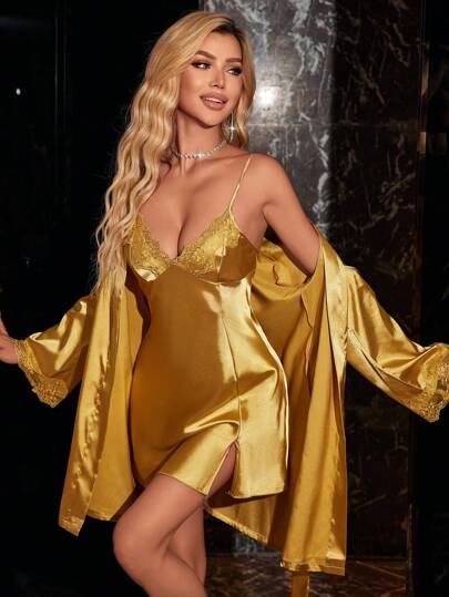 SilkySpell Women Solid Color Contrast Lace Long Sleeve Belted Robe And Slit Hem Camisole Dress Elegant Pajama Set, Fall Winter Clothes