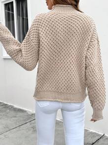 SHEIN LUNE Sweater Kasual Kerah Tegak Warna Polos, Gaya Minimalis untuk Pemakaian Sehari-hari, Pullover Rajut Musim Gugur dan Musim Dingin - Khaki - View 2