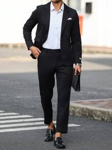 Manfinity Mode Men's Turndown Collar Long Sleeve Button Front Minimal Jacket And Pants Set, Casual Daily Wear - Black - View 5