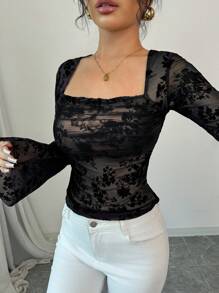 Elenzga Women's Floral Flocked Mesh Square Neck Long Sleeve Elegant T-Shirt For Spring