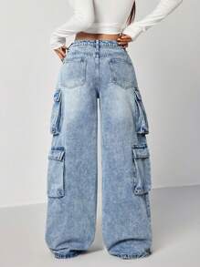 SHEIN EZwear Women's Casual Loose Fit Distressed Denim Wide Leg Jeans With Multiple Pockets, Suitable For Autumn/Winter - Blue - View 2