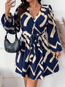 SHEIN Frenchy Plus Size Women Geometric Print Overlap V-Neck Lantern Sleeve Casual Midi Dress - Navy Blue - View 5