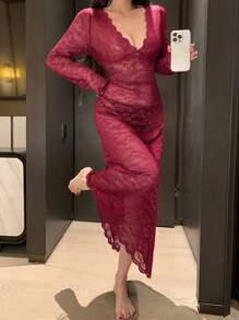 DAZY Lace Semi-Sheer Deep V-Neck Fitted Sexy Nightgown - Burgundy - View 7
