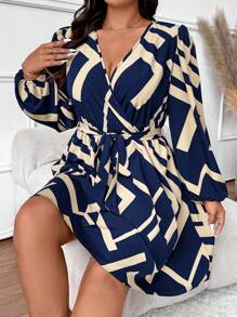 SHEIN Frenchy Plus Size Women Geometric Print Overlap V-Neck Lantern Sleeve Casual Midi Dress - Navy Blue - View 1