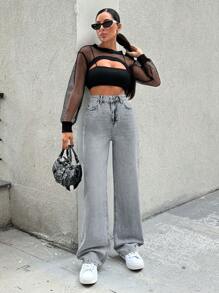 RueChic CASUAL HIGH WAIST STRAIGHT LEG BLUE JEANS - Medium Wash - View 3