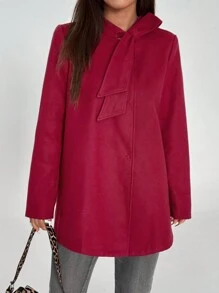 SHEIN Unity Women's Solid Color Crew Neck Tie-Up Long Sleeve Single Button Loose Overcoat, Autumn/Winter For New Year Clothes Fall Cloth For Women - Red - View 4