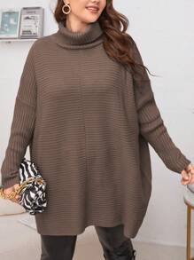 SHEIN LUNE Plus Size Solid Color Turtleneck Batwing Sleeve Sweater, Autumn/Winter Knit Pullover Fall - Khaki - View 5