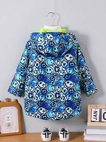 男婴必备冬季时尚 - 活力蓝色休闲夹棉夹克，正面拉链开合，带保暖连帽设计，柔软保暖内衬，更加保暖。独特的笑脸印花图案增添了无穷魅力和活力。