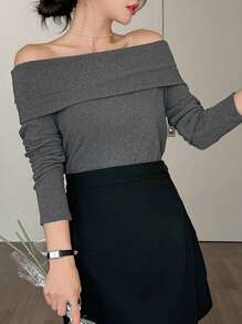 DAZY Women Off Shoulder Solid Color Knit T-Shirt, Dark Gray, Spring/Summer/Autumn Long Sleeve Women Tops,Fall Women Clothes - Dark Grey - View 4