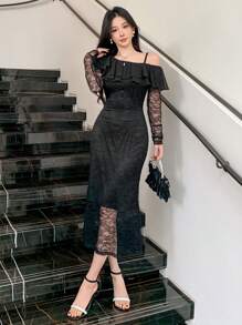 DAZY Vestido midi con volantes asimétricos de encaje y parches, adecuado para citas, bailes de graduación y ropa de otoño