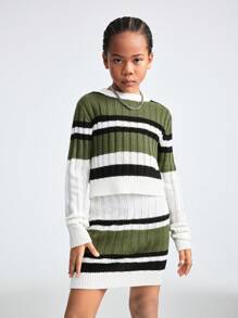 SHEIN Tween Girls Spring /Basic Fuzzy Striped Stretchy Fittedlong Sleeve Sweater& Skirts Sets,Two Pieces Outfits - Multicolor - View 1