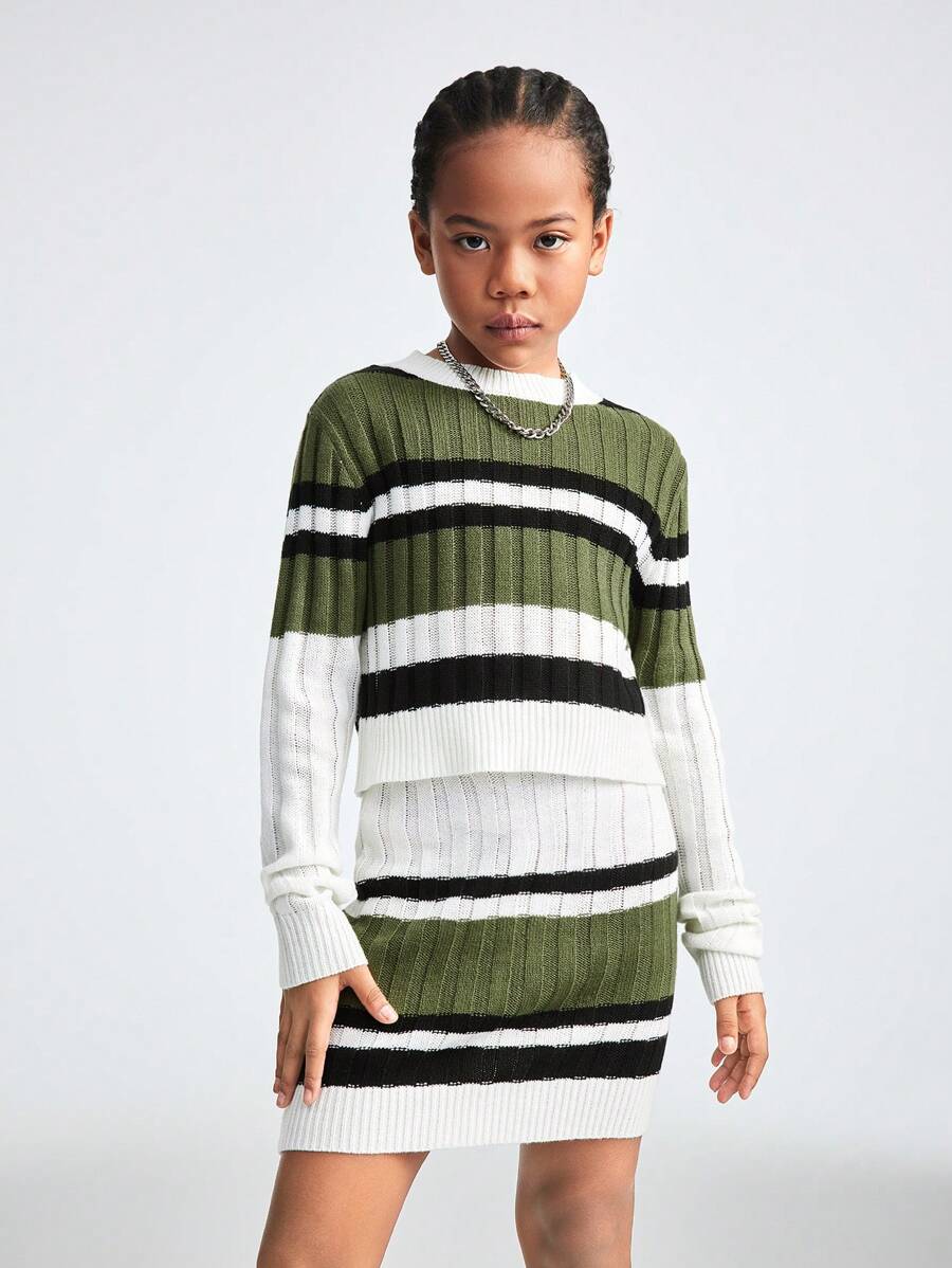 SHEIN Tween Girls Spring /Basic Fuzzy Striped Stretchy Fittedlong Sleeve Sweater& Skirts Sets,Two Pieces Outfits - Multicolor - View 1