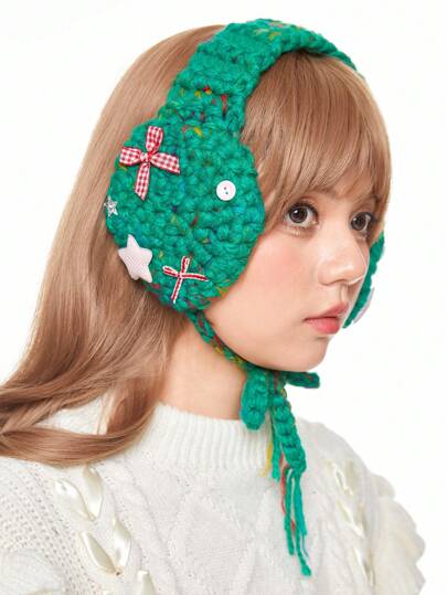 Fairycore 1pc Cute Hand Knitted Warm Ear Muffs, Niche Design Colorful Knitted Ear Cover With Bow And Star Decor, Suitable For Daily Wear