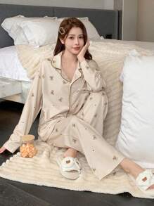 DAZY Women's Cute Bear Printed Lapel Collar Contrast Binding Long Sleeve Shirt And Pants Pajama Set