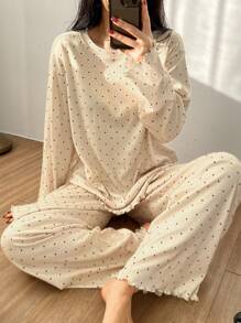 DAZY Polka Dot Print Full Foliage Lettuce Trim Loose Pajama Set, Fall Winter Clothes