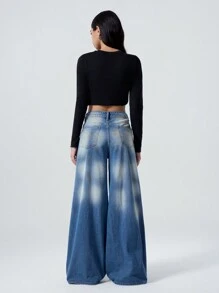 LYSMO 女士休闲洗水低腰阔腿牛仔裤 - 藍色 - 查看 2